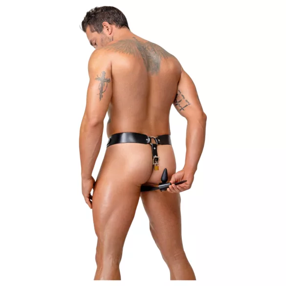 ZADO - black leather chastity thong with 2 padlocks (S-2XL)