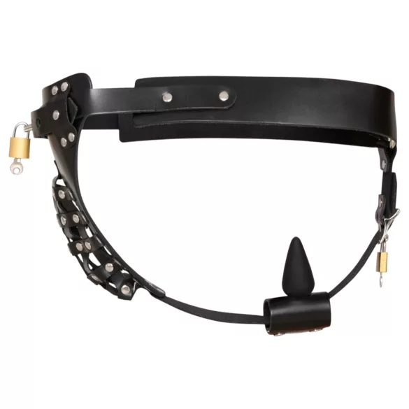ZADO - black leather chastity thong with 2 padlocks (S-2XL)