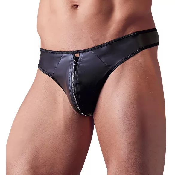 Svenjoyment - Shiny Men's Thong with Rhinestone Zipper (Black) - M