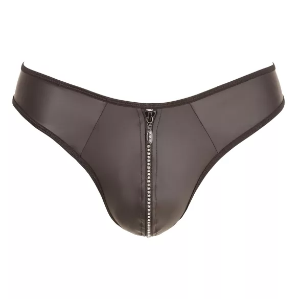 Svenjoyment - Shiny Men's Thong with Rhinestone Zipper (Black) - M
