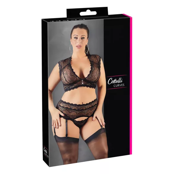 Cottelli Plus Size - rhinestone lace lingerie set (black) - XL