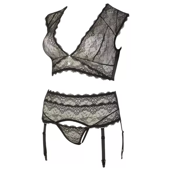 Cottelli Plus Size - rhinestone lace lingerie set (black) - XL