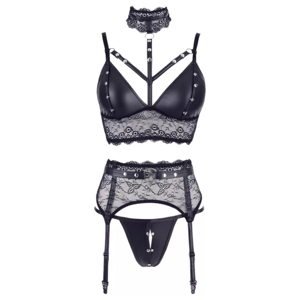 Cottelli Bondage - lace lingerie set with handcuffs (black) - M