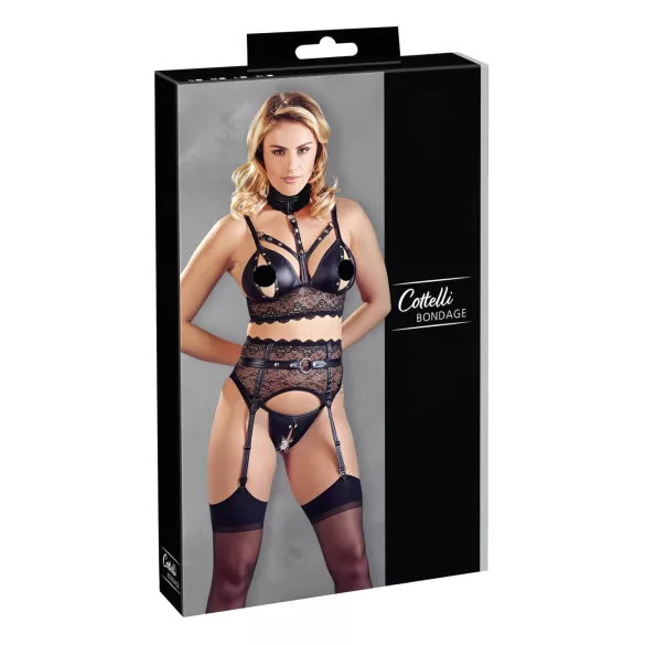 Cottelli Bondage - lace lingerie set with handcuffs (black) - XL