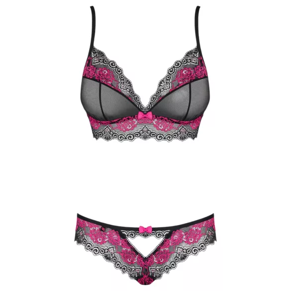 Obsessive Tulia - lace lingerie set (black‑pink) - L/XL
