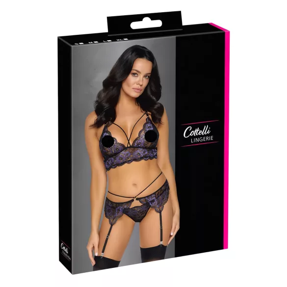 Cottelli - 3-Piece Lace Lingerie Set (Black-Violet)