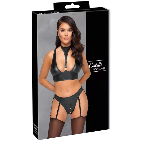 Cottelli Bondage - Shiny Black Bra Set with Cuffs