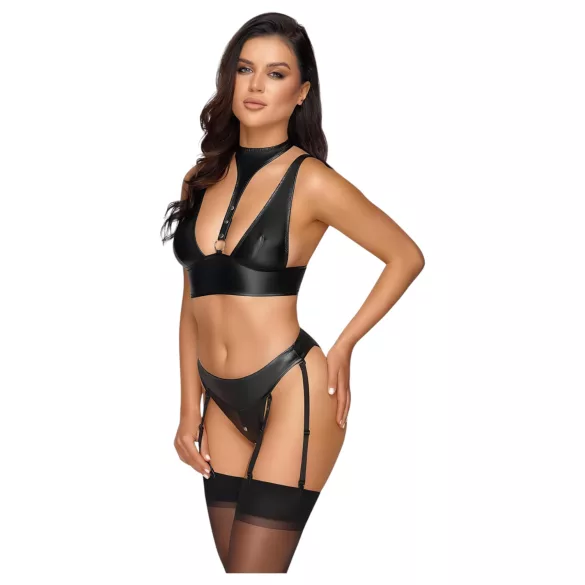 Cottelli Bondage - Shiny Black Bra Set with Cuffs