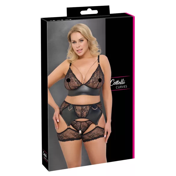 Cottelli Curves - Lace & Leather Accented Bra Set (Black) - 2XL