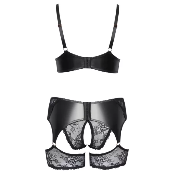 Cottelli Curves - Lace & Leather Accented Bra Set (Black) - 2XL