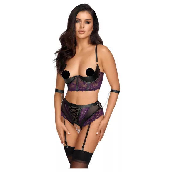 Cottelli Bondage - bra set and arm cuffs (black‑purple) - XL
