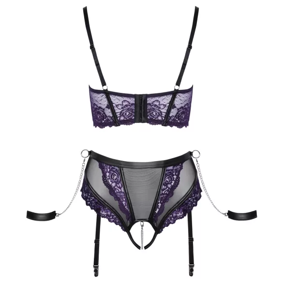 Cottelli Bondage - bra set and arm cuffs (black‑purple) - XL