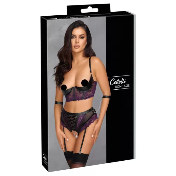 Cottelli Bondage - bra set and arm cuffs (black‑purple) - XL