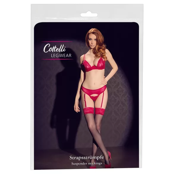 Cottelli - Black Stockings with Red Lace Trim - 6