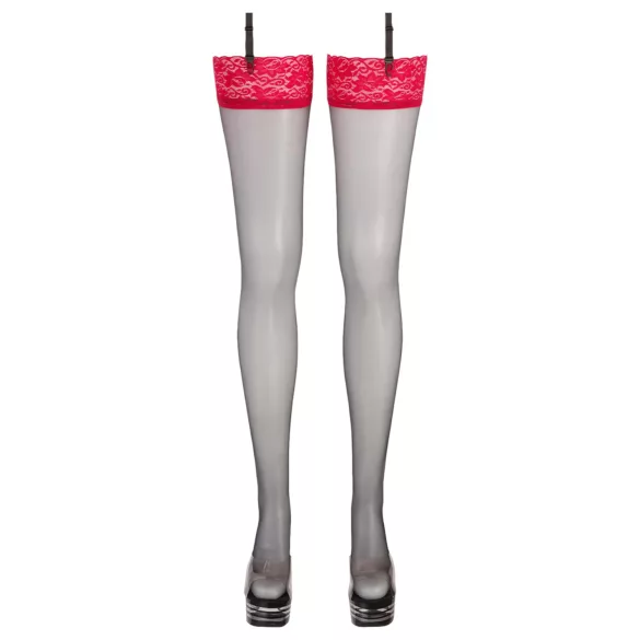 Cottelli - Black Stockings with Red Lace Trim - 6