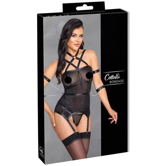 Cottelli Bondage - Strappy Top, Wrist Cuffs & Thong (Black) - M