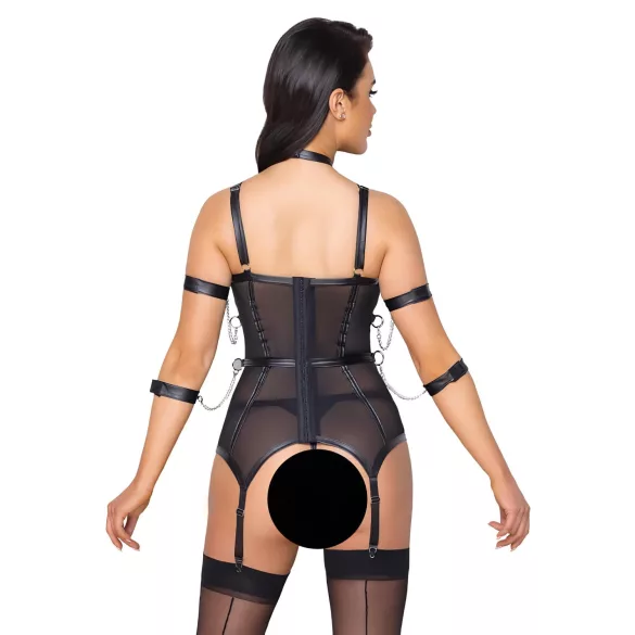 Cottelli Bondage - Strappy Top, Wrist Cuffs & Thong (Black) - M