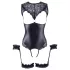 Cottelli Bondage - Shiny Open-Front Bodysuit & Cuffs (Black) - XL