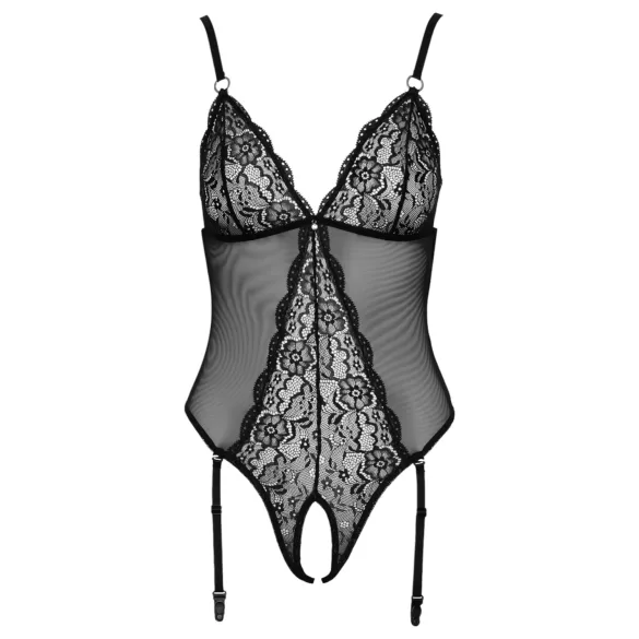 Cottelli - Lace Open-Back Black Bodysuit with Garter - M