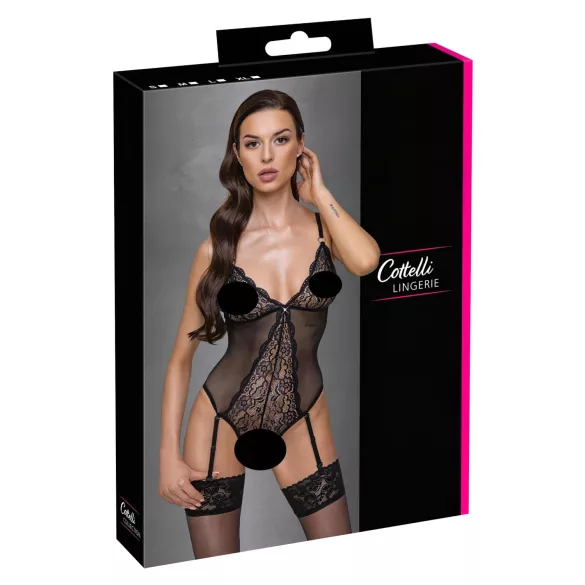 Cottelli - Lace Open-Back Black Bodysuit with Garter - XL