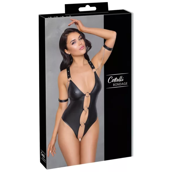 Cottelli Bondage - Shiny Black Open-Front Ringed Bodysuit - M