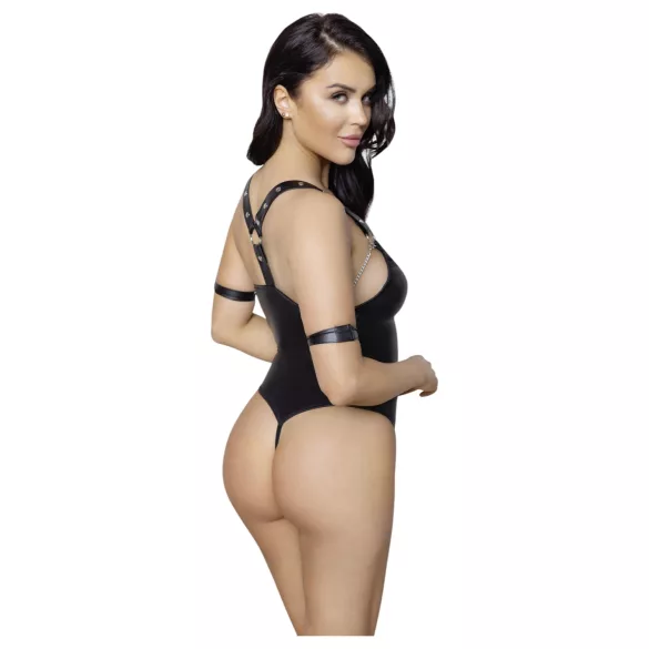 Cottelli Bondage - Shiny Black Open-Front Ringed Bodysuit - L