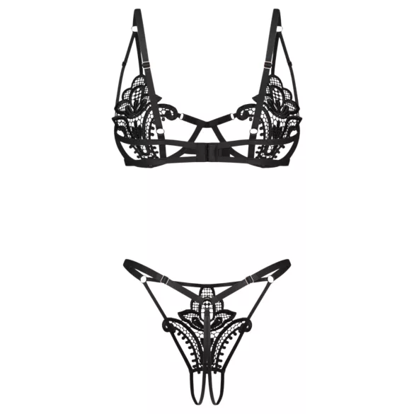 Obsessive Luise - tulip-patterned 2‑piece lingerie set (black) - L/XL