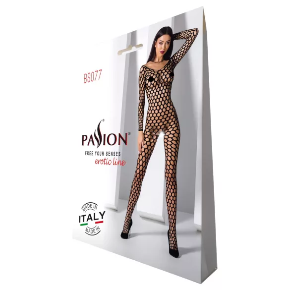 Passion BS077 - black long-sleeved fishnet bodystocking (S-L)
