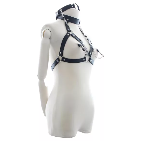 Latetobed - Black Bondage Harness with Gag and Nipple Clamps