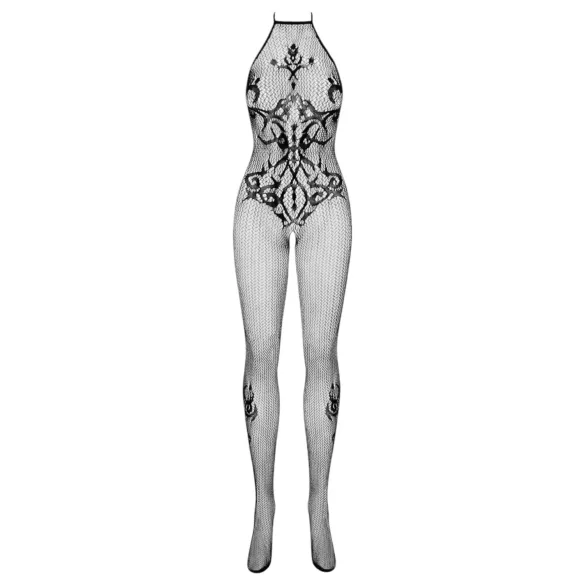 Obsessive G308 - patterned, halterneck black fishnet bodystocking (S-L)